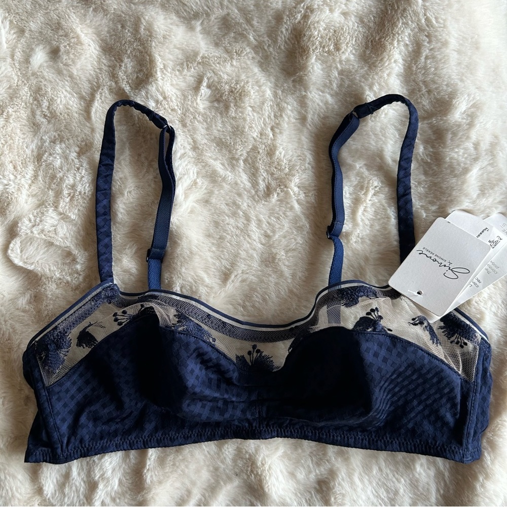 NWT Simone Perele Satin Mesh Navy Blue Bralette